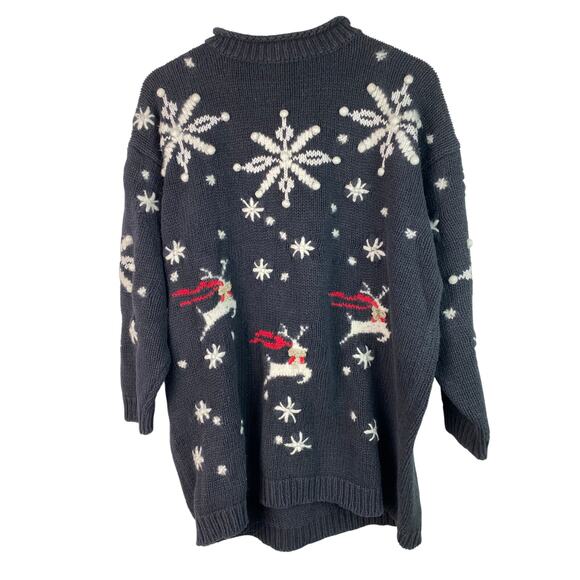 Vintage 90s JK Size 18/20 Black Snowflake Reindeer 1994 Christmas Sweater - Picture 1 of 6